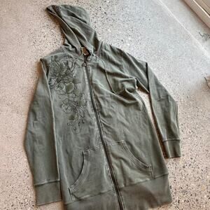 Vertigo Paris Women’s Large Longline Zip Hoodie Olive Green Floral Rhineston Y2K